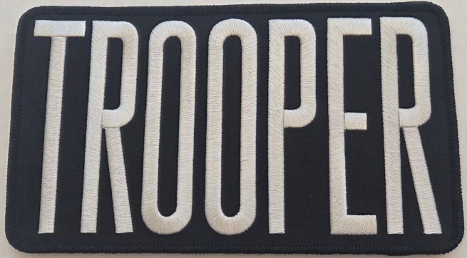 TROOPER 4" X 7" PATCH, LIGHT SILVER on BLACK - VELCRO.